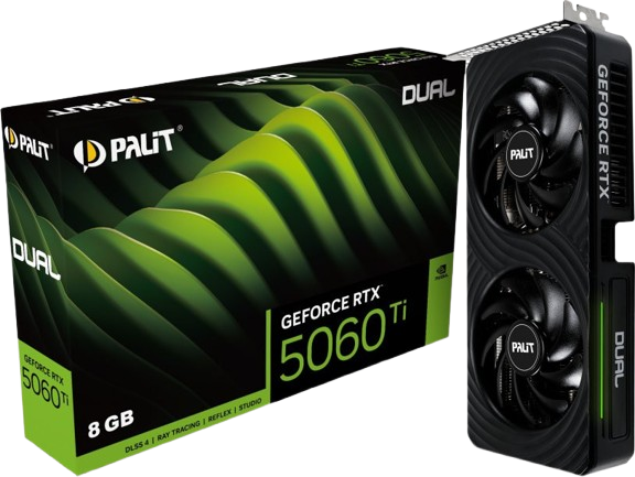 Видеокарта GeForce RTX 5060 Ti 8GB Palit Dual (NE7506T019P1-GB2062D) - Фото 1 Видеокарта GeForce RTX 5060 Ti 8GB Palit Dual (NE7506T019P1-GB2062D) - изображение 1