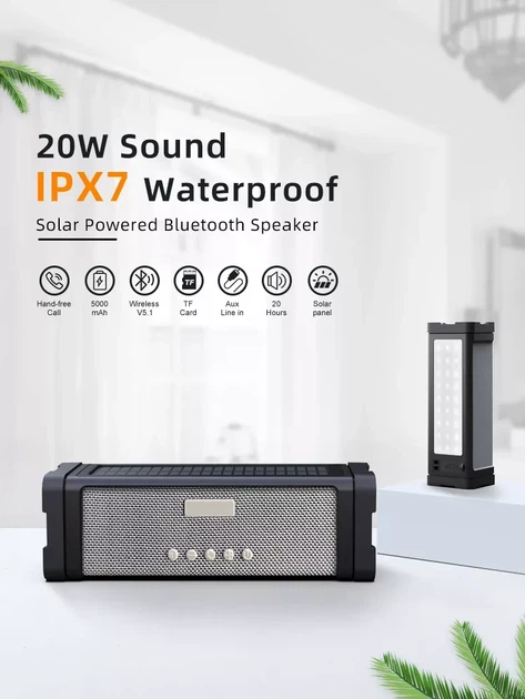 Портативна Bluetooth колонка ES-T68 20W з сонячною зарядкою, ліхтарем та вологозахистом. - зображення 7