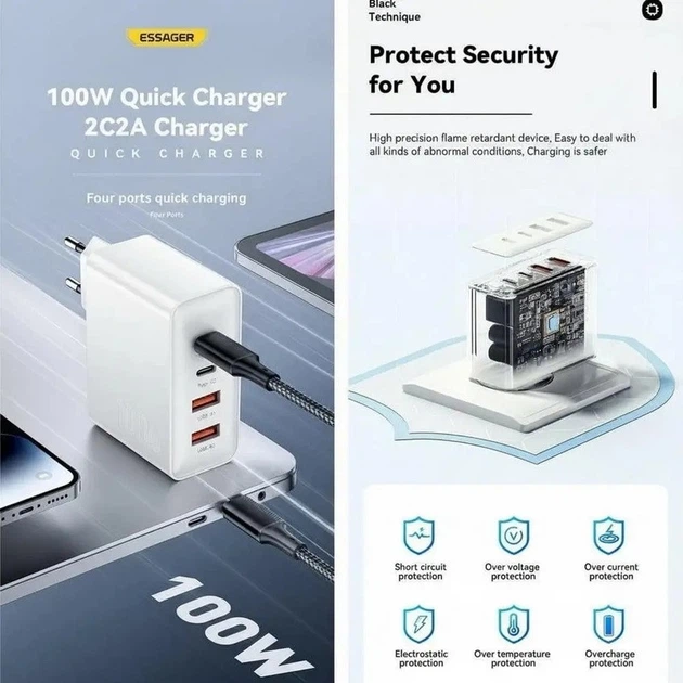 Сетевое зарядное устройство Essager 100W GaN 4 Travel Charger 2 Type-C + 2 Type-A White (ES-CD37) - Фото 7 Сетевое зарядное устройство Essager 100W GaN 4 Travel Charger 2 Type-C + 2 Type-A White (ES-CD37) - изображение 7