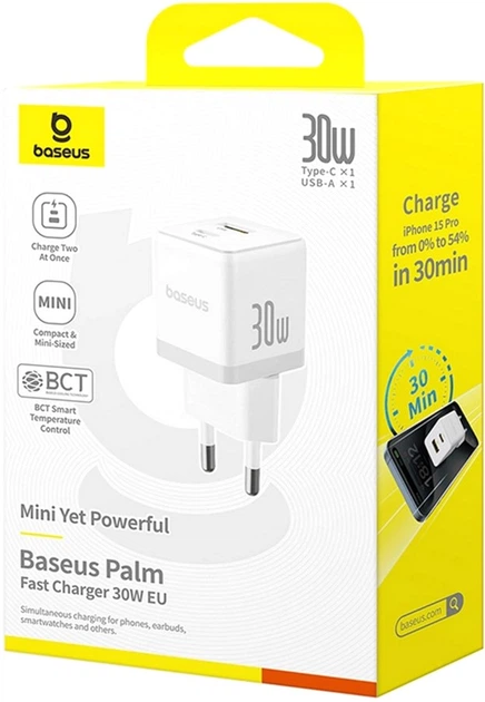 Ładowarka sieciowa Baseus Palm 1 x USB-C + 1 x USB-A 30 W White (6932172672485) - obraz 6