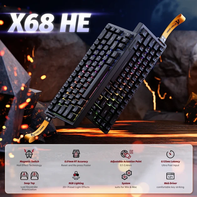 Клавиатура ATTACK SHARK X68 HE Black Line, 65%, RGB, Outemu Jade White Magnetic, 8KHz, USB-C | Геймерская - изображение 8