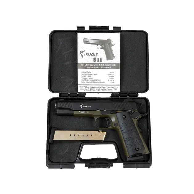 Стартовый пистолет Kuzey 911 black/haki, чёрные ручки, с доп. магазином (Colt 1911)+ 15 патронів - изображение 3
