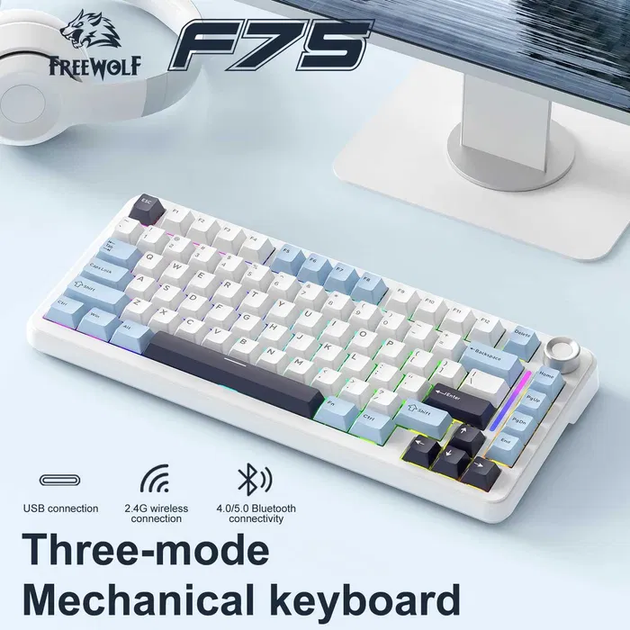 Игровая механическая клавиатура FreeWolf F75 / Три режима подключения / Hot Swappable / Silver Moon Switch / White Blue - изображение 2