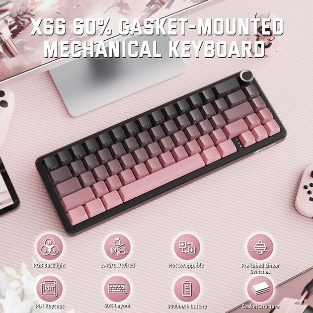 Игровая механическая клавиатура Attack Shark X66 / 60% / Три режима подключения / Strawberry Switch / Pink - Фото 2 Игровая механическая клавиатура Attack Shark X66 / 60% / Три режима подключения / Strawberry Switch / Pink - изображение 2