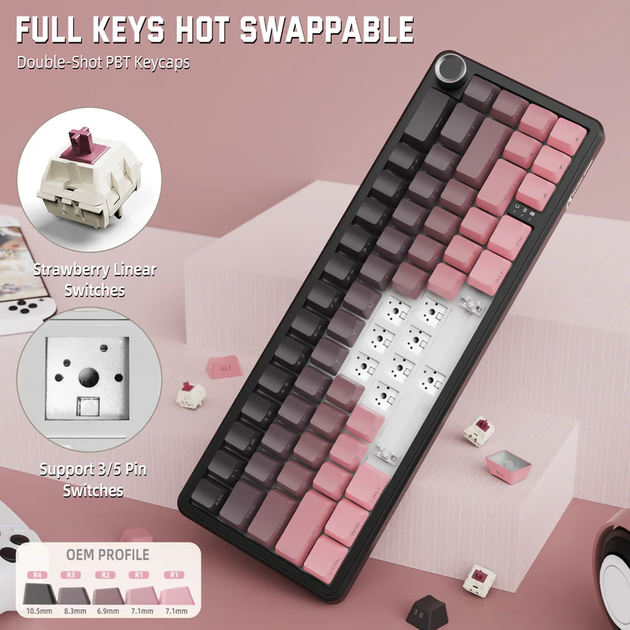 Игровая механическая клавиатура Attack Shark X66 / 60% / Три режима подключения / Strawberry Switch / Pink - Фото 7 Игровая механическая клавиатура Attack Shark X66 / 60% / Три режима подключения / Strawberry Switch / Pink - изображение 7