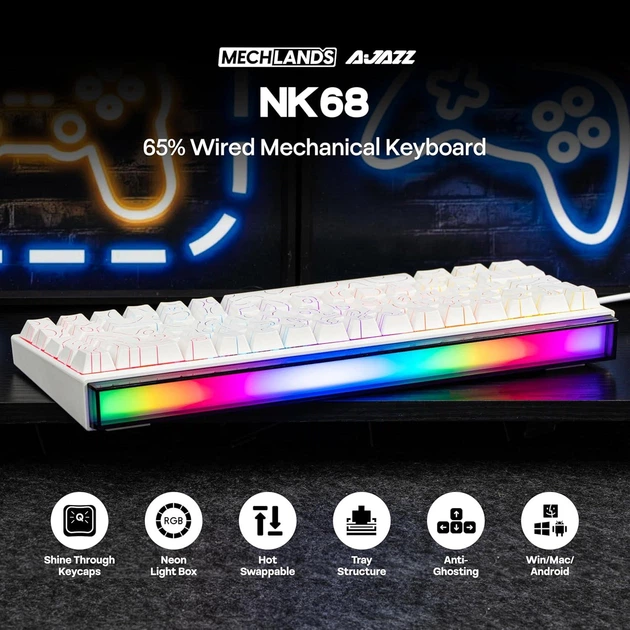 Игровая механическая проводная клавиатура Ajazz NK68 / Red Switch / 65% / RGB / White - изображение 2