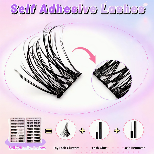 Самоклеящиеся накладные ресницы-пучки Self Adhesive Lashes, 360 шт., изгиб 30D, пучковые ресницы, чёрные - изображение 5