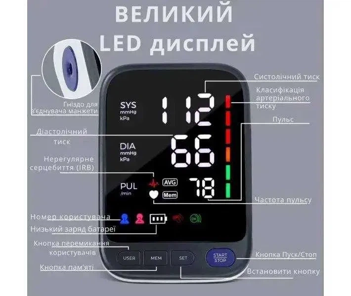 Тонометр WAJ FC-BP113 для плеча (22-40 см), LED-дисплей с трехцветной подсветкой, автоматическое определение пульса и частоты сердцебиения, работает от батарей или через USB Type-C - изображение 10