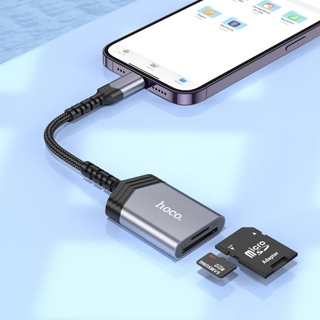 Адаптер перехідник Hoco UA25 2в1 card reader Lightning сірий - Фото 2 Адаптер перехідник Hoco UA25 2в1 card reader Lightning сірий - зображення 2