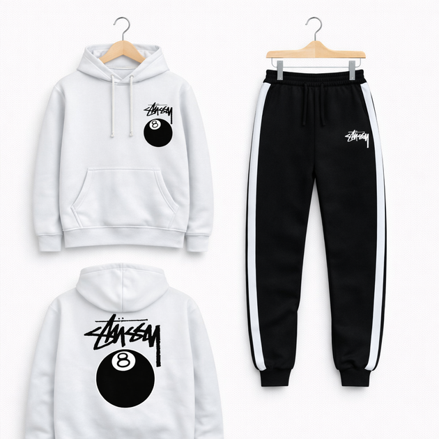 Чоловічий спортивний комплект худі, колір біло-чорний, Stussy 8 Ball, розмір L - Фото 1 Чоловічий спортивний комплект худі, колір біло-чорний, Stussy 8 Ball, розмір L - изображение 1