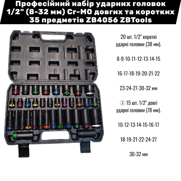 Професійний набір ударних головок 1/2" (8-32 мм) Cr-MO довгих та коротких 35 предметів ZB4056 ZBTools - Фото 2 Професійний набір ударних головок 1/2" (8-32 мм) Cr-MO довгих та коротких 35 предметів ZB4056 ZBTools - зображення 2