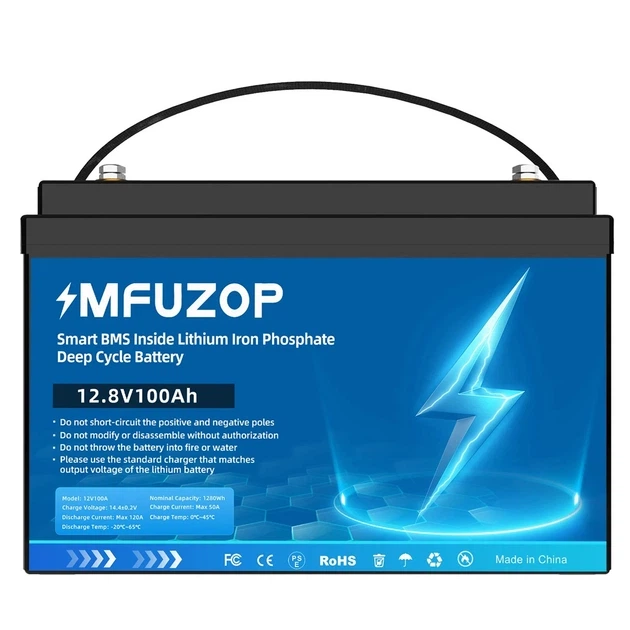 Акумулятор MFUZOP LiFePO4 12.8 V 100 Ah 1280 W - Фото 1 Акумулятор MFUZOP LiFePO4 12.8 V 100 Ah 1280 W - зображення 1