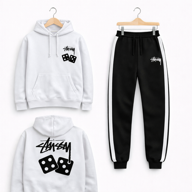 Чоловічий спортивний комплект худі, колір біло-чорний, Stussy Dice, розмір L - Фото 1 Чоловічий спортивний комплект худі, колір біло-чорний, Stussy Dice, розмір L - изображение 1