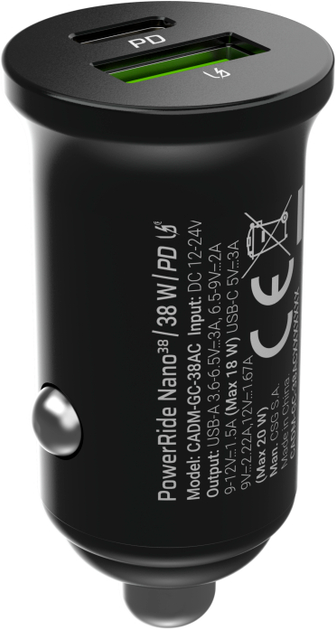 Ładowarka samochodowa Green Cell PowerRide Nano 38W USB-C USB-A PD 3.0 Black (CADM-GC-38AC) - obraz 3