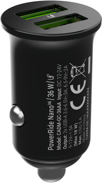 Ładowarka samochodowa Green Cell PowerRide Nano 36W 2 x USB-A PD 3.0 Black (CADM-GC-36AA) - obraz 2