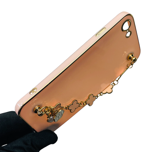 Чохол для телефона Apple iPhone 8 жіночій із ремінцем на подарунок з прикрасами та золотою окантовкою пудровий - зображення 5