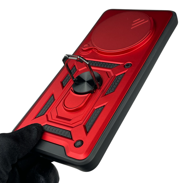 Чехол для Xiaomi Redmi 14C бронированный с кольцом-держателем со шторкой красный - Фото 6 Чехол для Xiaomi Redmi 14C бронированный с кольцом-держателем со шторкой красный - изображение 6