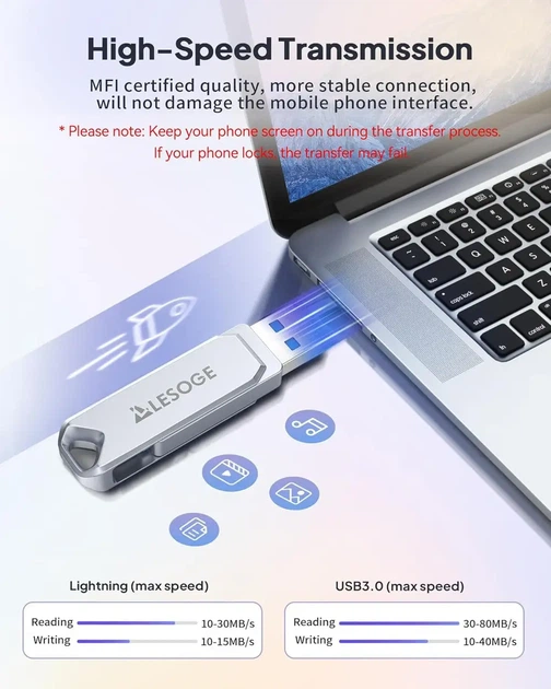 Флешка 3-в-1 MFi USB+Lightning+Type-C, 256 ГБ, высокоскоростная, металлический корпус - изображение 3