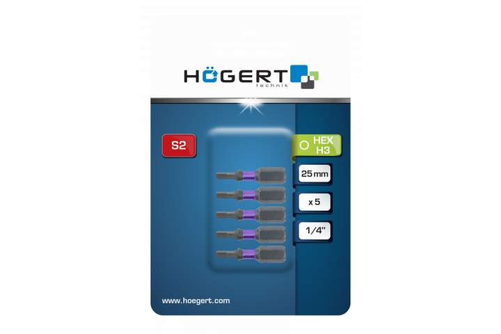 Набор ударных коротких бит HEX 3 мм 25 мм S2 сталь 5 штук Hogert (HT1S145) - изображение 2