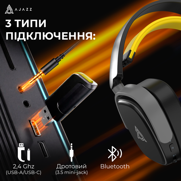 Бездротові ігрові навушники Ajazz AHM09 MAX Black Gray Yellow (AHM09-MAX-BGY) - Фото 10 Бездротові ігрові навушники Ajazz AHM09 MAX Black Gray Yellow (AHM09-MAX-BGY) - зображення 10