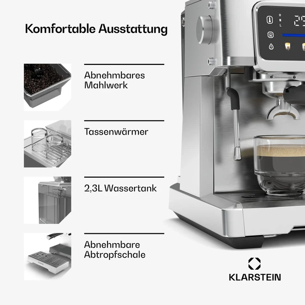 Кофемашина Klarstein GrandPresso Touch кофеварка-эспрессо с кофемолкой 20 бар 1350 Вт - изображение 6