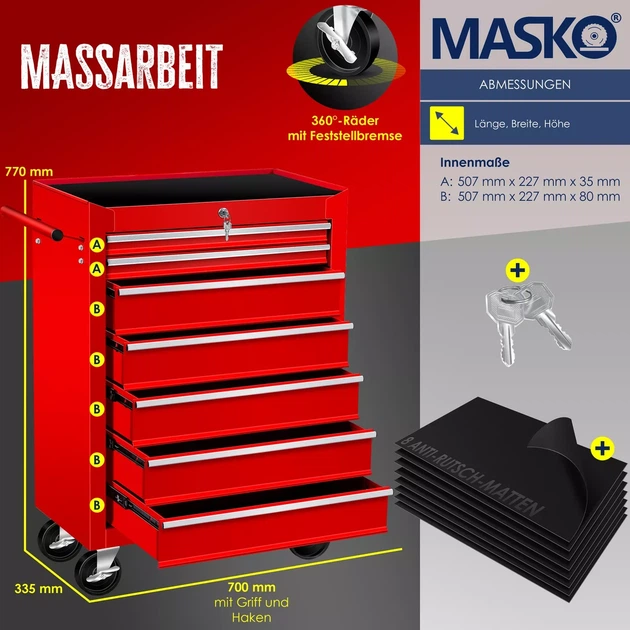 Инструментальная тележка Masko для мастерской 770 x 335 x 690 мм Металлический шкаф (7 ящиков) - Фото 2 Инструментальная тележка Masko для мастерской 770 x 335 x 690 мм Металлический шкаф (7 ящиков) - изображение 2