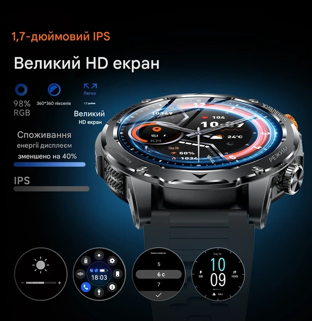 Военный смарт-часы для мужчин с фонариком, 1000 mAh аккумулятор, 1.7-дюймовый AMOLED дисплей два ремешка - изображение 5