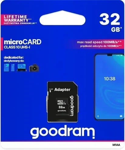Карта пам'яті microSDHC 32GB Goodram Class 10 UHS-I U1 + SD-adapter (M1AA-0320R12) - Фото 2 Карта пам'яті microSDHC 32GB Goodram Class 10 UHS-I U1 + SD-adapter (M1AA-0320R12) - изображение 2