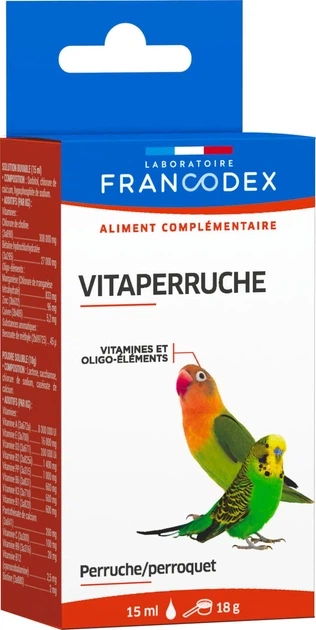 Laboratoire Francodex vitaperruche вітаміни та мікроелементи для папуг, (набір 18 г порошку та 15 мл розчину) - Фото 2 Laboratoire Francodex vitaperruche вітаміни та мікроелементи для папуг, (набір 18 г порошку та 15 мл розчину) - изображение 2