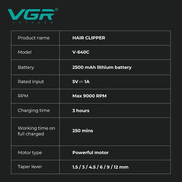 Аккумуляторная машинка для стрижки VGR V-640C BLACK, 6 насадок, LED дисплей, 9000RPM - изображение 2