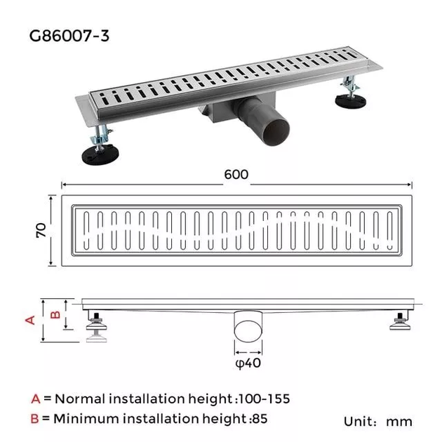 Трап для душу G86007-3, 70х600 мм, нержавіюча сталь GAPPO G86007-3 - зображення 6