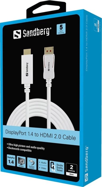Кабель Sandberg DisplayPort - HDMI 2 м White (5705730509162) - зображення 2