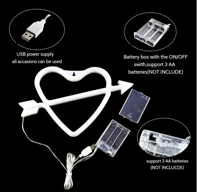 Портативный неоновый LED-светильник сердце со стрелой «Love» розовый, на батарейках/USB 18*28 см - изображение 6