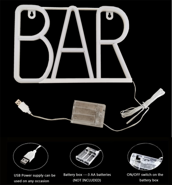Портативная декоративная неоновая вывеска "BAR" синяя на батарейках/USB 29*14.5*2 см - изображение 5