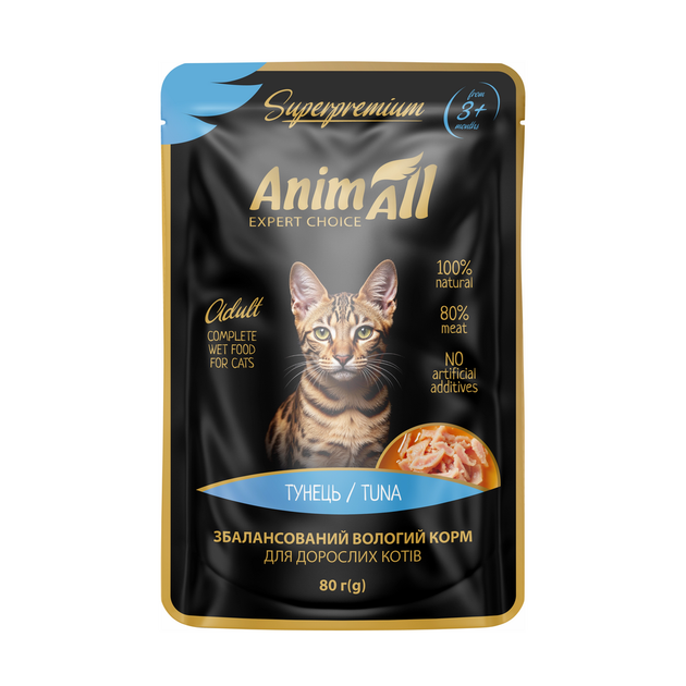 Консервований корм AnimAll Вологий корм для котів з тунцем 80 г (184393) x12 шт. - Фото 1 Консервований корм AnimAll Вологий корм для котів з тунцем 80 г (184393) x12 шт. - зображення 1