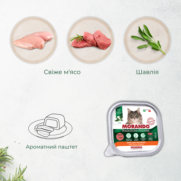 Консервированный корм Morando Tradizioni Беззерновые консервы для кошек паштет с индейкой 100 г (m02779) - изображение 2