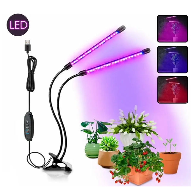 Фітолампа Full Spectrum LED Grow Light подвійна на прищіпці. Світильник для рослин, розсади, квітів. Таймер, USB, 20W - зображення 2
