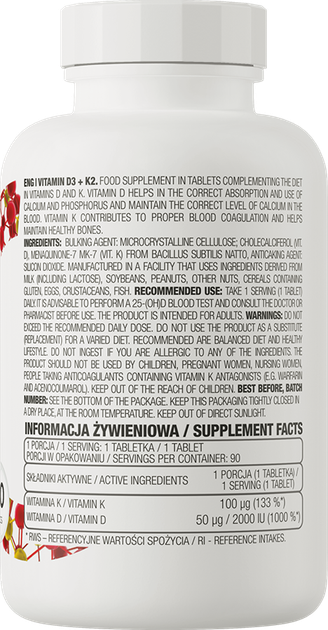 Витамин D3 + Витамин K2 OstroVit Vitamin D3+K2 90 таблеток (5902232611960) - изображение 2