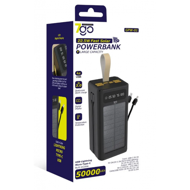 Зовнішній акумулятор Power bank 7GO GPW-01 50000mAh PD22,2W+QC3.0 Повербанк із сонячною батареєю швидка зарядка Чорний - Фото 6 Зовнішній акумулятор Power bank 7GO GPW-01 50000mAh PD22,2W+QC3.0 Повербанк із сонячною батареєю швидка зарядка Чорний - зображення 6