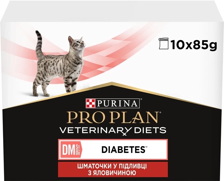 Консервированный корм Purina Pro Plan Veterinary Diets Veterinary diets DM ST/OX Diabetes Managment Влажный корм для взрослых кошек для регулирования поступления глюкозы (сахарный диабет), кусочки в соусе с говядиной 85 г (8445290093523) - изображение 2