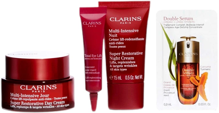 Zestaw do pielęgnacji twarzy Clarins Super Restorative Kosmetyczka + Krem na dzień 50 ml + Krem na noc 15 ml + Krem pod oczy 7 ml + Serum 0.9 ml (3666057389573). - obraz 2