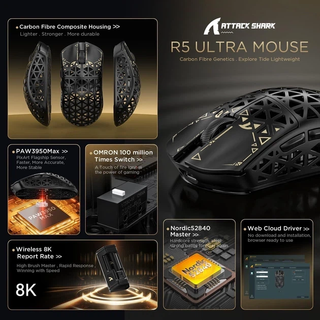 Игровая карбоновая мышь Attack shark r5 ultra Black - изображение 6
