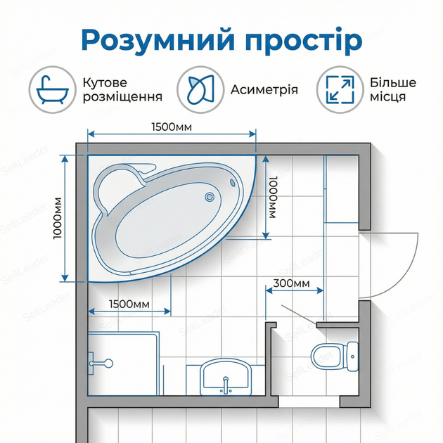 Ванна акриловая Swan Adele L 170×110 см асимметричная левая угловая с сиденьем двухслойная с панелью и ножками - изображение 7