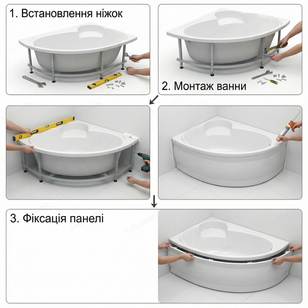 Ванна акриловая Swan Adele L 170×110 см асимметричная левая угловая с сиденьем двухслойная с панелью и ножками - изображение 8