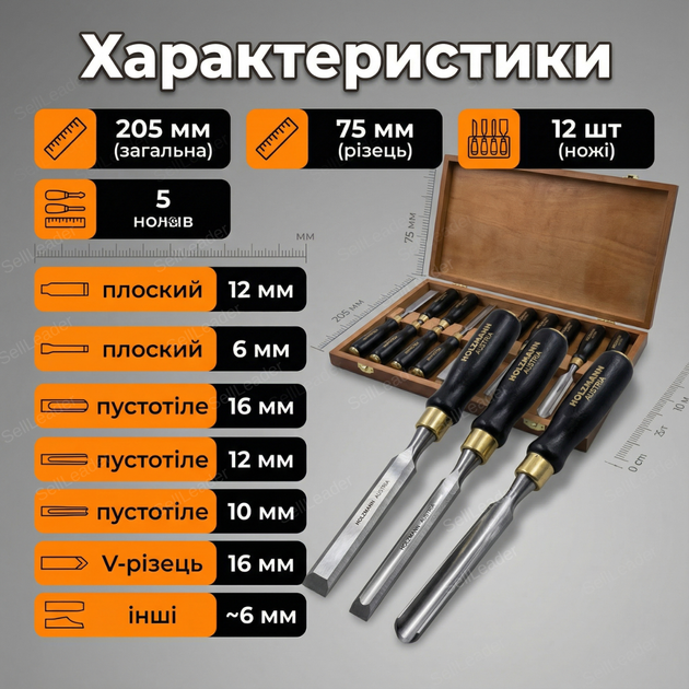 Набор стамесок Holzmann SCH12TLG 12 шт для дерева резцы 75 мм лезвие деревянные рукоятки долота с кейсом - Фото 3 Набор стамесок Holzmann SCH12TLG 12 шт для дерева резцы 75 мм лезвие деревянные рукоятки долота с кейсом - изображение 3