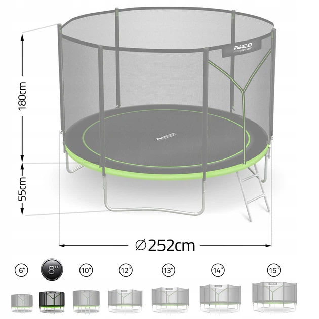 Trampolina ogrodowa Neo Sport NS-08Z231 z siatką wewnętrzną i drabinką 252 cm Zielona (5903890625696) - obraz 2