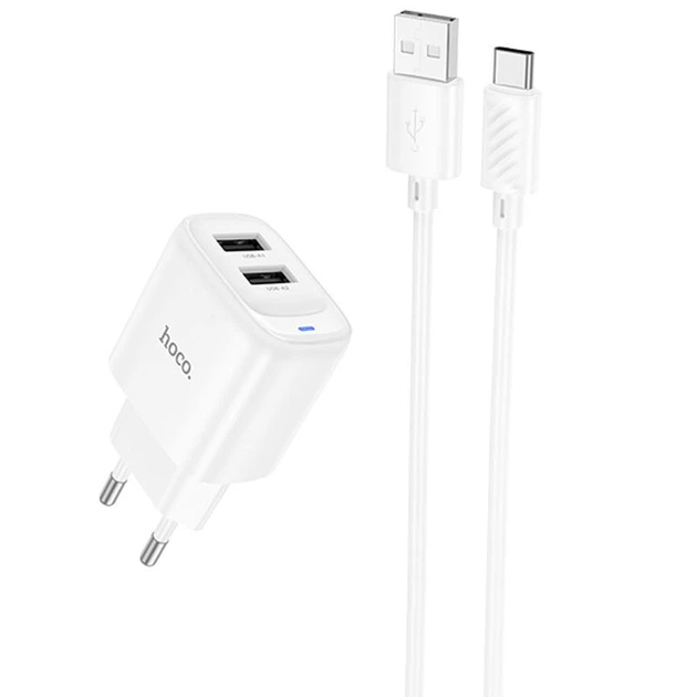 Зарядний пристрій для телефону USB / Мережевий адаптер Hoco C141A Smart 2.1A (2USB-A) + кабель USB to Type-C (білий) - Фото 1 Зарядний пристрій для телефону USB / Мережевий адаптер Hoco C141A Smart 2.1A (2USB-A) + кабель USB to Type-C (білий) - зображення 1