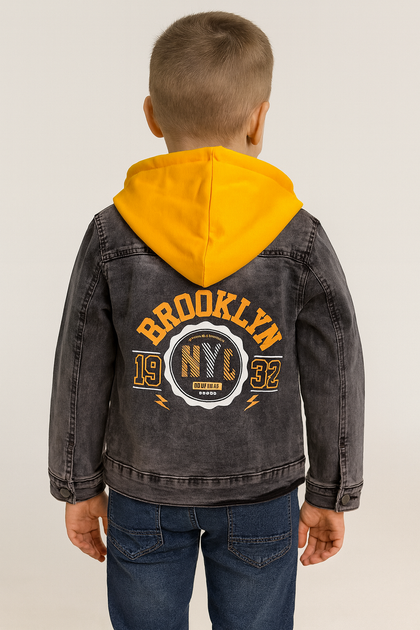 Лёгкая детская джинсовая куртка Panda Brooklyn с капюшоном, 4–10 лет,116, Серый с желтым - Фото 2 Лёгкая детская джинсовая куртка Panda Brooklyn с капюшоном, 4–10 лет,116, Серый с желтым - изображение 2