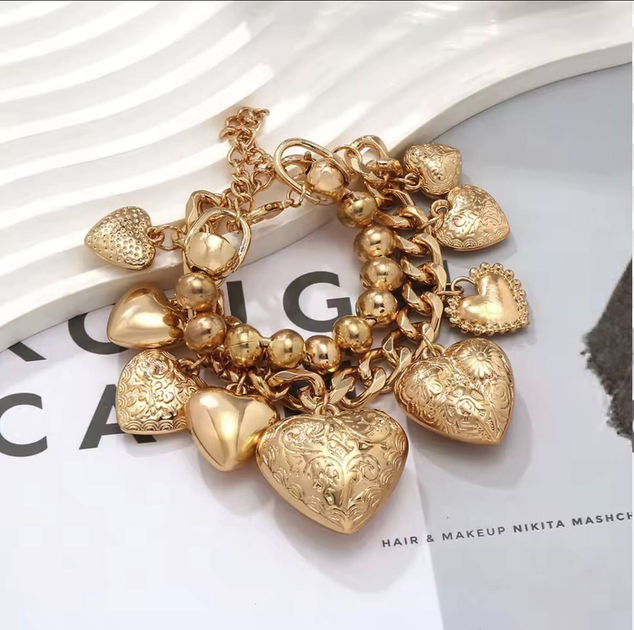 Браслет жіночий Подвійний обємний Сердечка Xuping Jewelry 17-26см зап'ястя (18к колір золота 585п) 50-003 - зображення 3