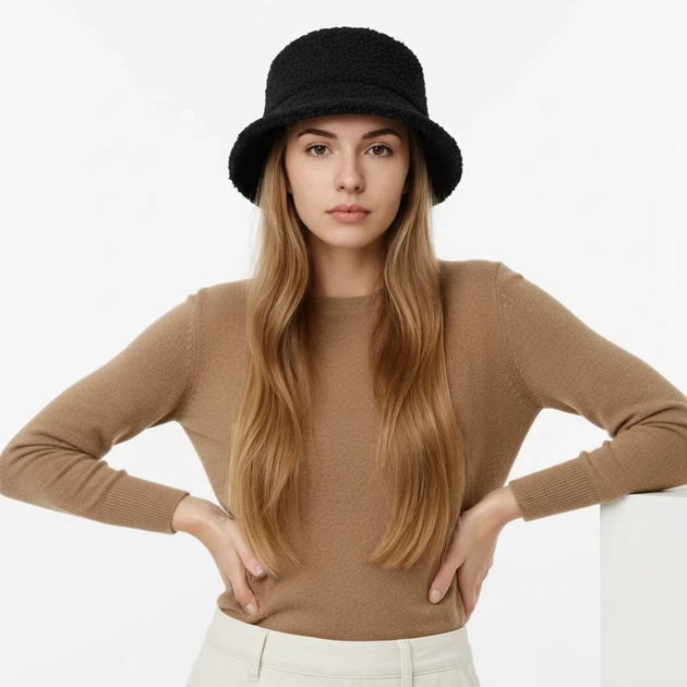 Женская панамка теплая из натуральной шерсти JUGO Bucket Hat Boucle Черный, L/57-58 - изображение 4